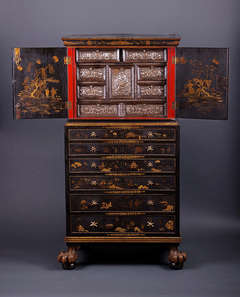 A Japanned Collector’s Cabinet Incorporating A 17th Century Spanish Silvered Interior