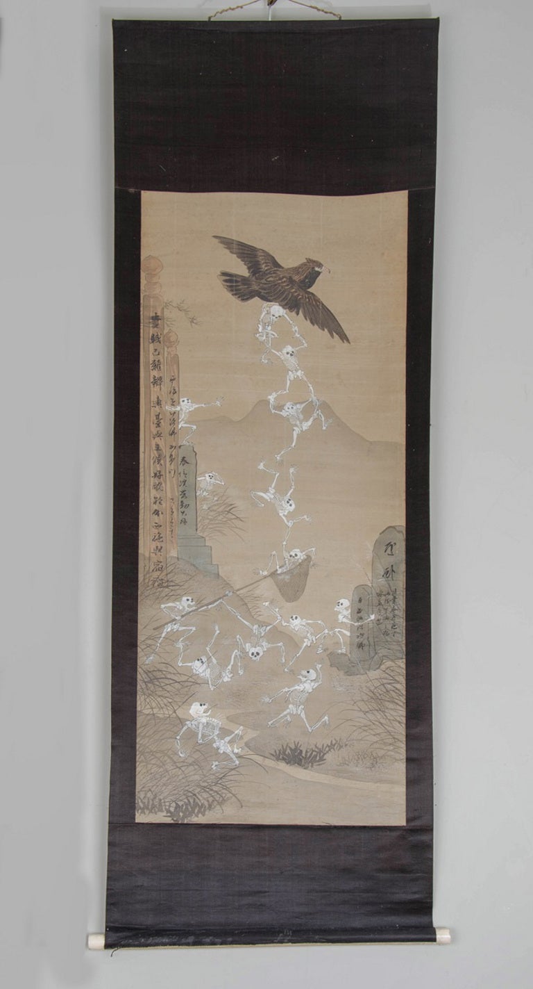 Skeletons at Play, Watercolors on Silk Attributed to Kawanabe  Kyosai