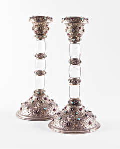Antique A Pair Of Silver-mounted And Gem Set Rock Crystal Candlesticks  Circa 1880