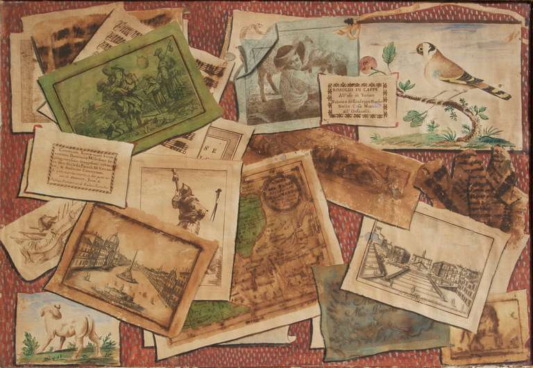 Each comprising an illusionistic painted and drawn trompe l’oeil composition, depicting book pages, engravings, watercolors, drawings, scientific diagrams, maps, sheet music and lace and ribbons, arranged on a background of colored paper. One signed