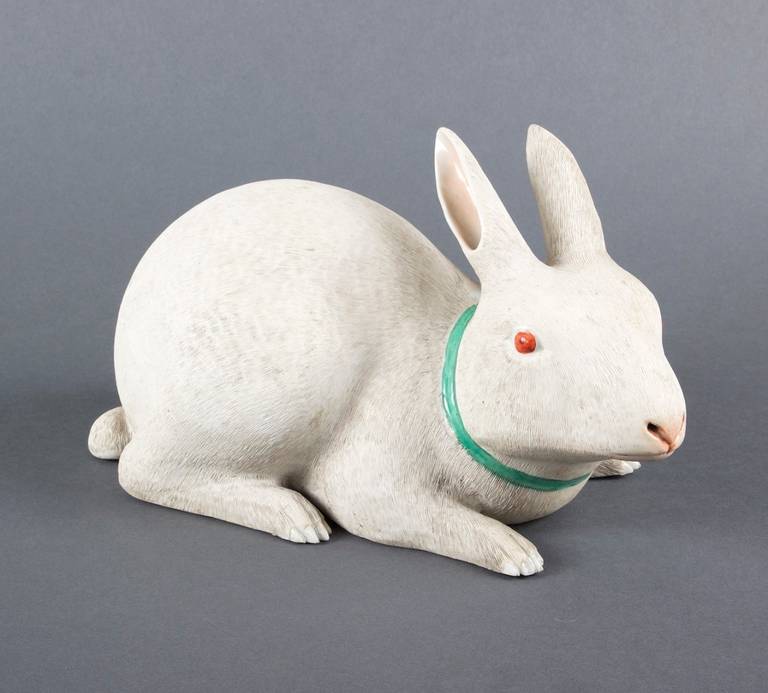 A delightful white winter hare, modeled out of biscuit porcelain and with colored enamel details.

Hares feature prominently in Japanese folklore, and are venerated at a number of Shinto shrines. They are characterized as cunning tricksters, and,