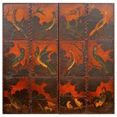19th Century Leather Screen with Exotic Birds
