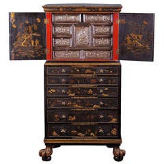 Antique Japanned Collector's Cabinet with 17th Century Silvered Interior, Circa 1800