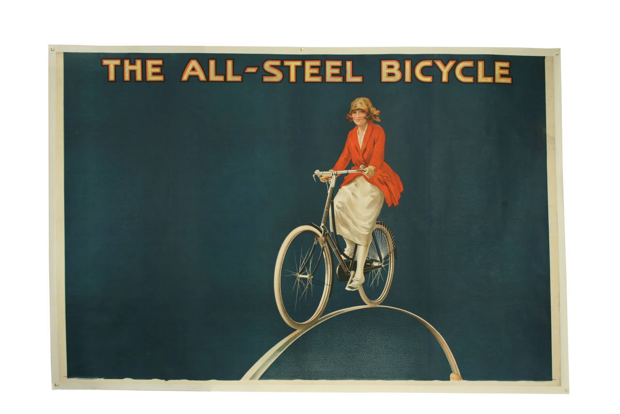 Vintage Raleigh bicycle advertising poster.
A very evocative original Raleigh poster from the 1920s. The image shows a ‘modern’ independent woman on her Raleigh bicycle. This image also appeared on some of Raleigh’s catalogues during the 20’s. This
