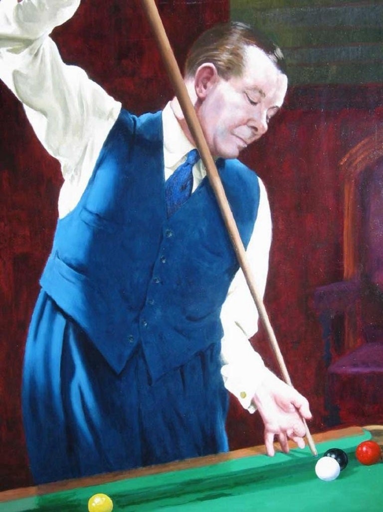 Joe Davis Billiard painting.
A well executed portrait of Joe Davis, demonstrating the Masse shot. Oil on canvas, signed and dated 1961 by the artist, James Proudfoot (1908-1971)
The reverse of the canvas is inscribed by hand: Joe Davis: the Masse