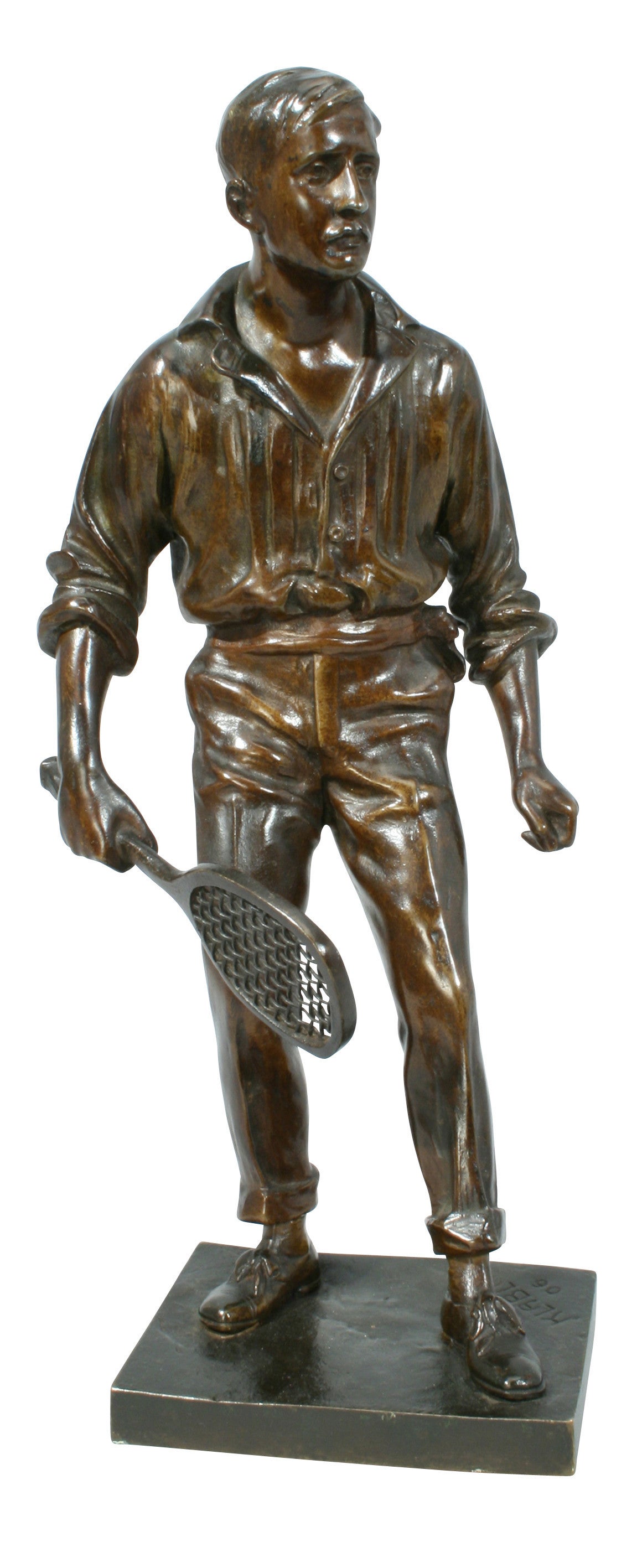 Vintage Bronze Tennis Figure, Renshaw. 
A rare bronze figure of a tennis player (one of the Renshaw brothers) holding a square headed racket. An excellent model with good colour and patination. Signed - “Klablena ‘06”. 
Eduard Klablena 1881-1933,