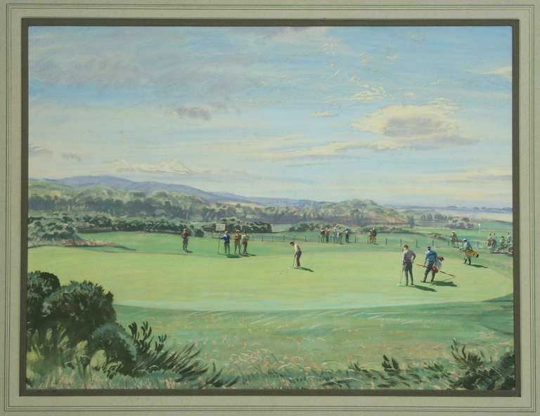 1967 Alcan Golfer of the Year Championship By Arthur Weaver.
An original golf watercolour and gouache* of the 6th green at St Andrews by Arthur Weaver. The picture depicting Gay Brewer putting on the 6th green at St Andrews in a playoff against Bill