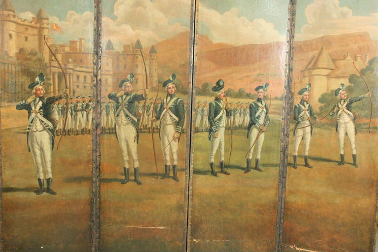 Royal Company of Archers, a Leather Four Fold Screen, from the Archers Hall, Edinburgh. 
An exceptional four panel folding screen made of leather with a painted scene to the front depicting the Royal Company of Archers outside Holyrood Palace,