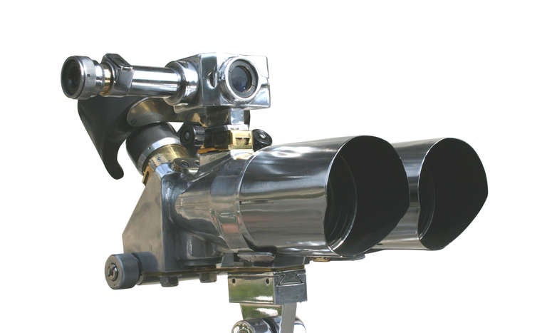 A pair of Polish ex military observation binoculars with 45º incline eyepieces mounted onto an aluminium gimble and adjustable old wooden tripod. The eyepieces can be altered for the distance between the eyes simply with a turn of a knob. The