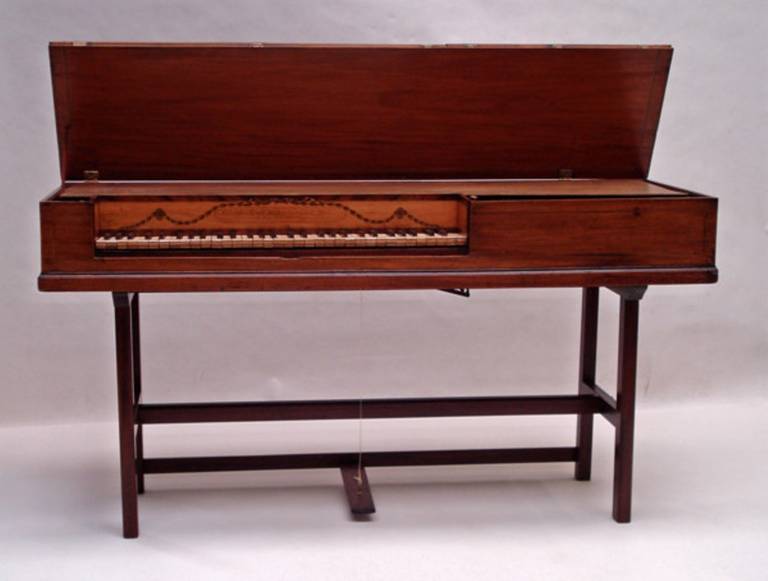 Christopher Ganer square piano in mahogany case, circa 1780, with one pedal swell and three hand stops, two for the damper lift and 1 for the harp stop. Five octave compass F to F.
Christopher Ganer was born in 1750 in Leipzig and died in London in