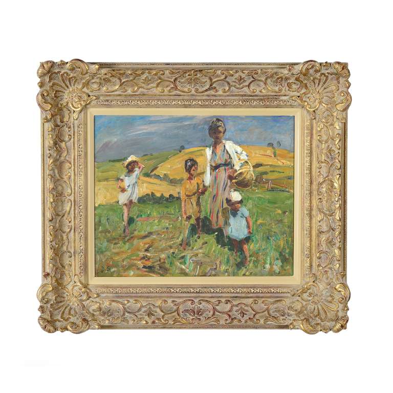 An enchanting summer scene, of a mother with her three children walking in a field near the coast in Dorset, painted with exquisite use of colour, in the impressionist style of one of the best known painters of the modern British era - Dorothea