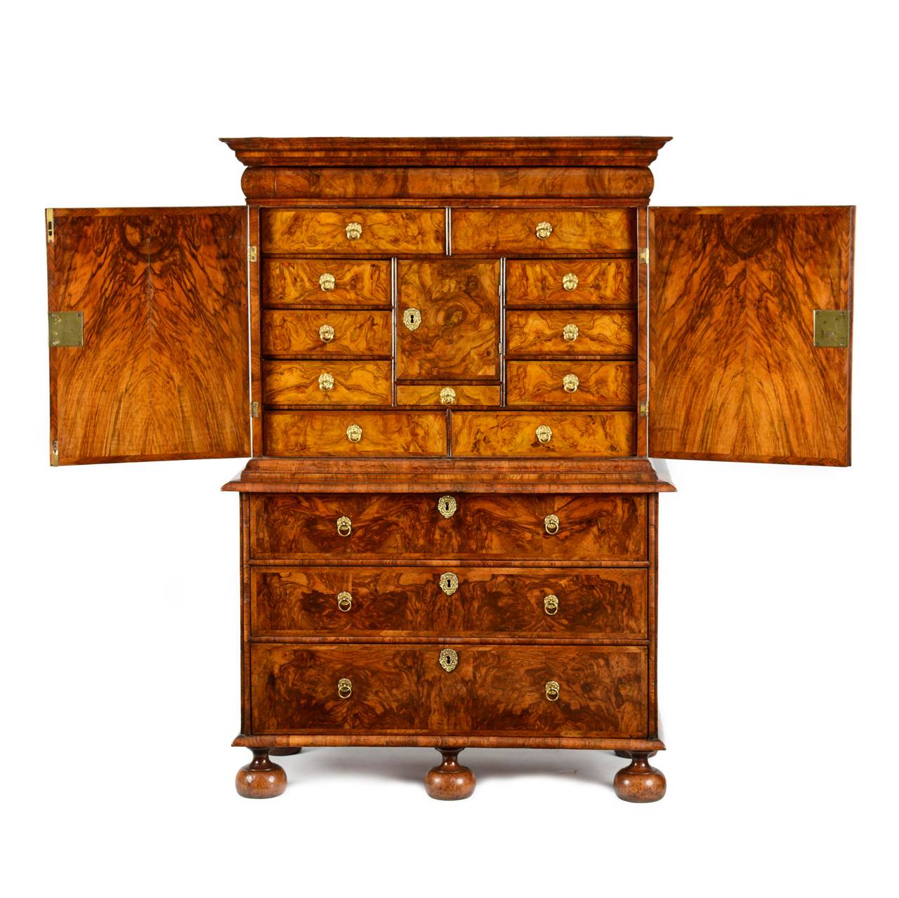 William and Mary William & Mary Burr Walnut Cabinet on Chest For Sale