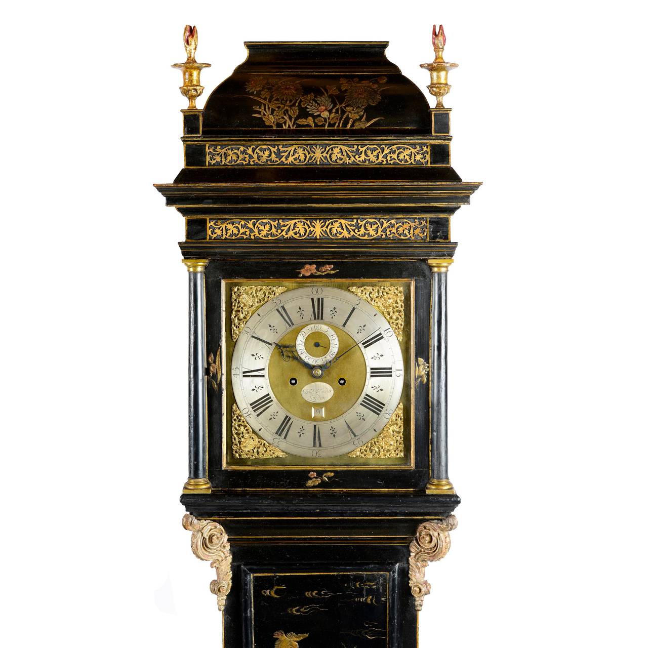 A highly important Queen Anne export lacquer longcase clock by Daniel DeLander, London. The exquisite lacquer German, possibly by Martin Schnell, Dresden. 

The case with flambeau urn finials and tall  caddy decorated in raised polychrome and gilt