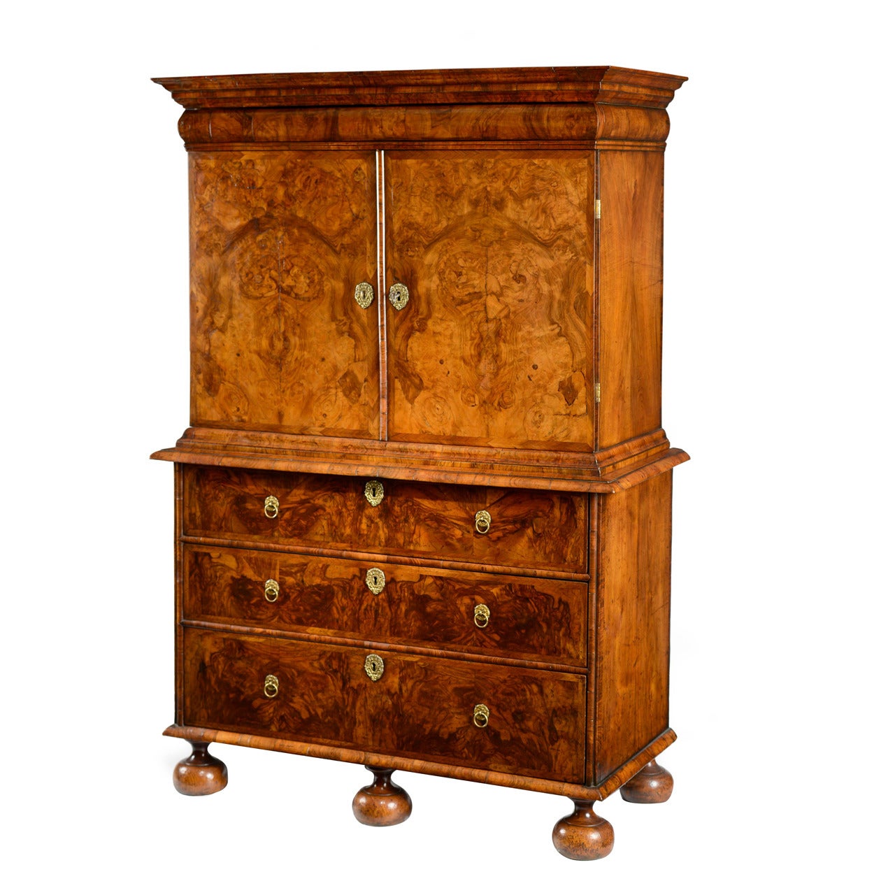 William & Mary Burr Walnut Cabinet on Chest For Sale