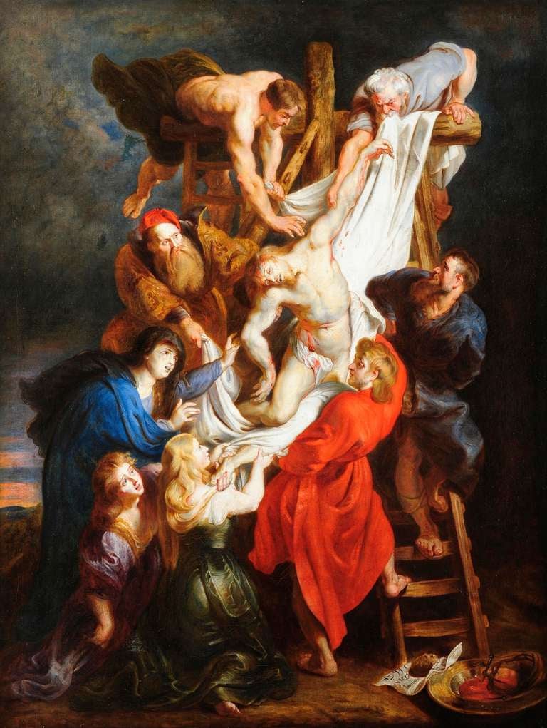 The Descent from the Cross is masterfully painted interpretation by Belgian artist Louis Farasyn, of the central panel of a triptych painting by Peter Paul Rubens in 1612-1614. The painting is the second of Rubens's great altarpieces for the