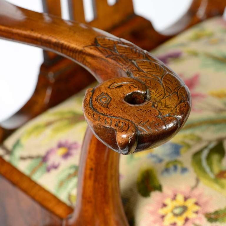 English George I figured & carved walnut armchair