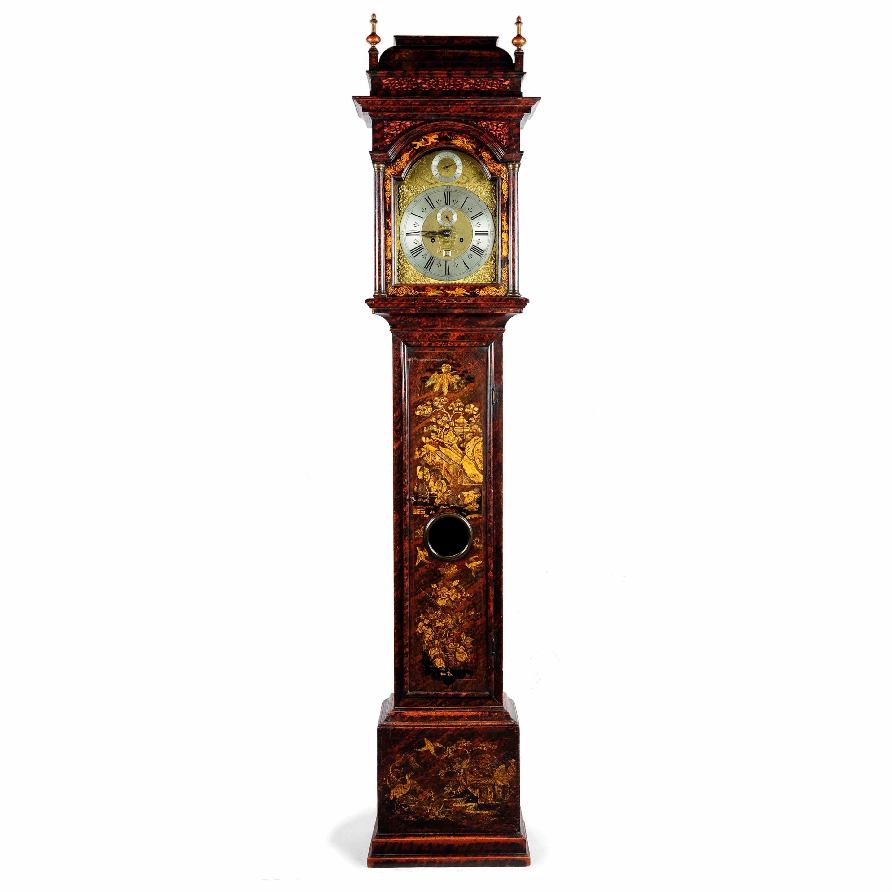 Queen Anne Red Japanned Tortoiseshell Longcase Clock For Sale