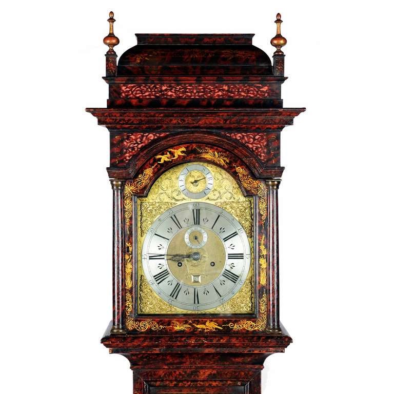 Queen Anne red japanned tortoiseshell longcase clock by “Benjamin Broadhead, London” 

A fine Queen Anne red Japanned, tortoiseshell longcase clock by Benjamin Broadhead, London. The hood with inverted bell shaped pagoda with fretwork sounding