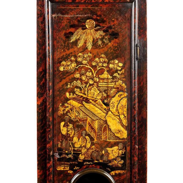 English Queen Anne Red Japanned Tortoiseshell Longcase Clock For Sale