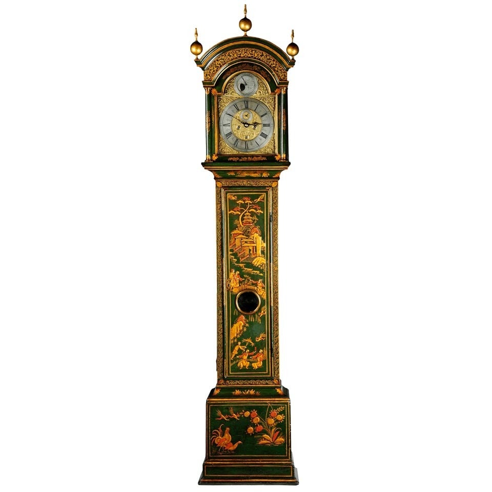 George I Green Japanned Longcase Clock by “Edward Cockey, Warminster” For Sale