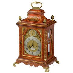 Antique George II red lacquer bracket clock by Robert Ward, London