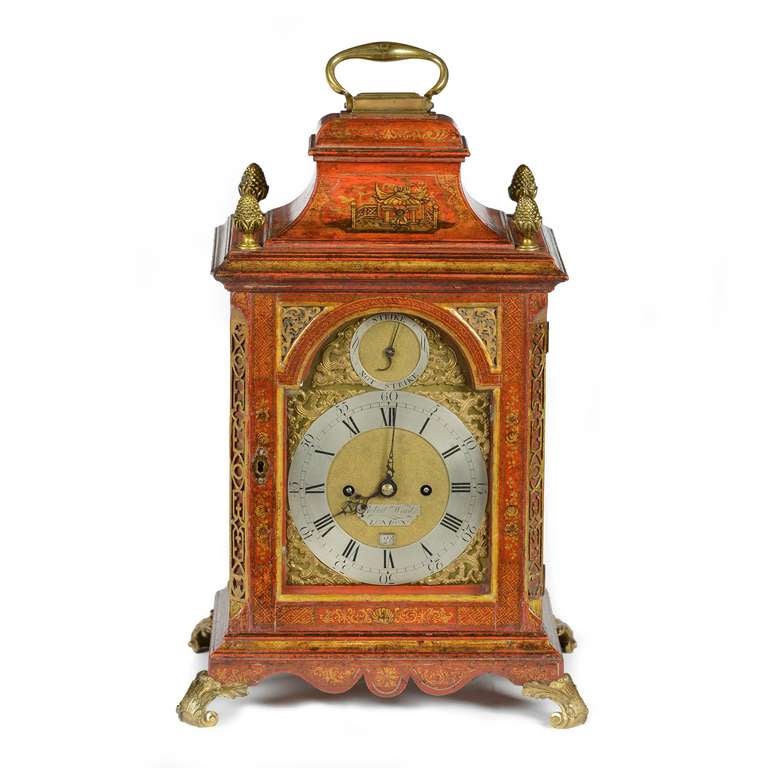 English George II red lacquer bracket clock by Robert Ward, London
