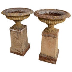 Pair of Large Cast Iron Urns on Bases. France 19th Century