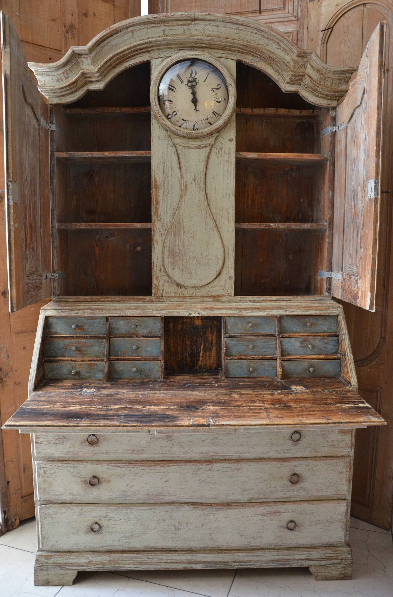 Hand-Carved 18th Century Swedish Period Rococo Clock Secretaire Cabinet
