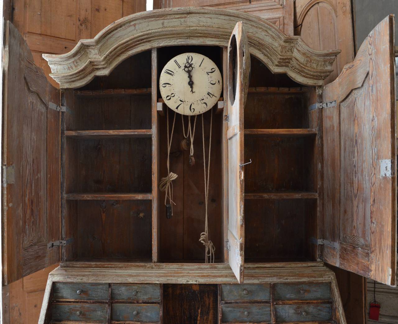 Pine 18th Century Swedish Period Rococo Clock Secretaire Cabinet