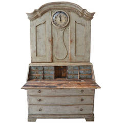 Antique 18th Century Swedish Period Rococo Clock Secretaire Cabinet