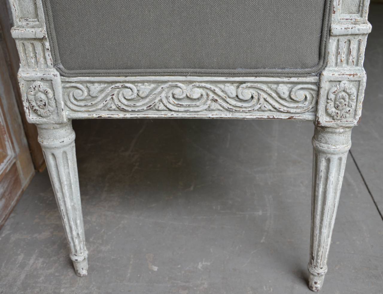 Linen 19th Century French Louis XVI Style Bench with Armrests