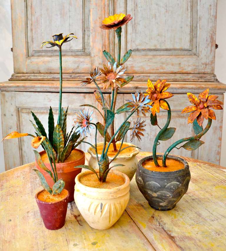 A lot of five Spanish flower pots.These flowers have been collected with love by Spanish sextons. They have been restored or put back into old pots in metal or terra-cotta.
During the 20th century, in Spain, they used to decor windows, chapels and