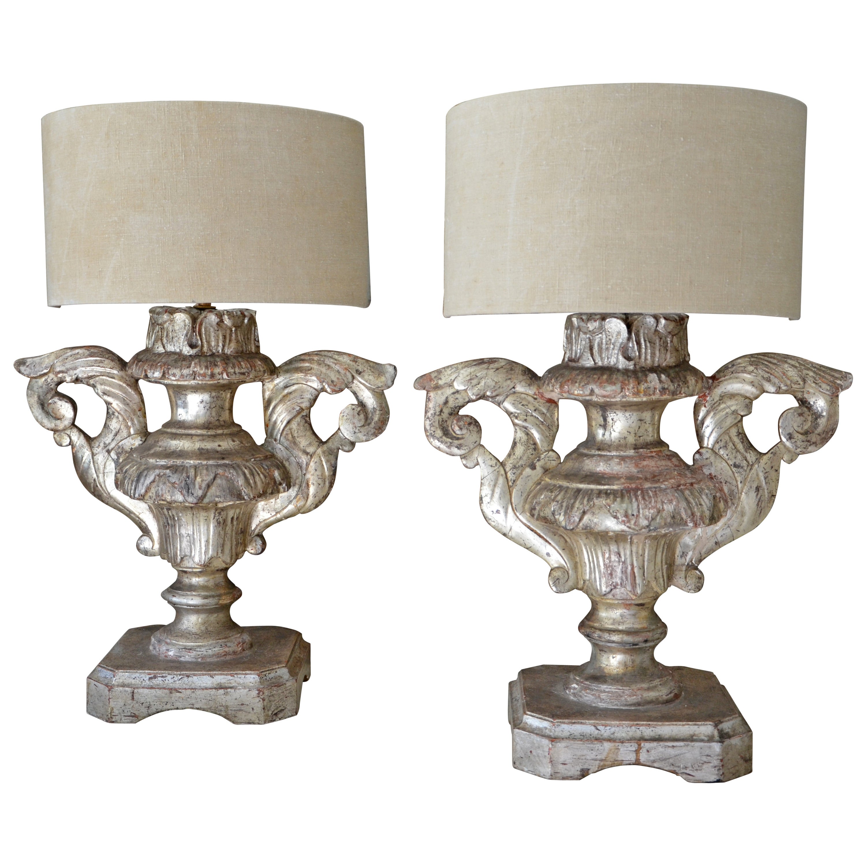 Pair of 18th Century Italian Silver Giltwood Altar Candleholders as Lamps