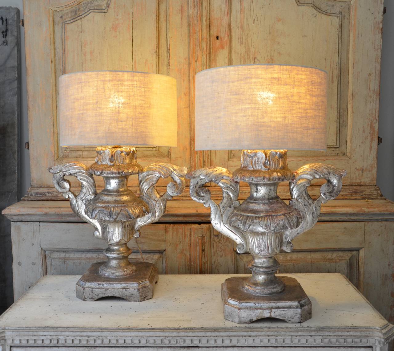 Pair of 18th Century Italian Silver Giltwood Altar Candleholders as Lamps 3