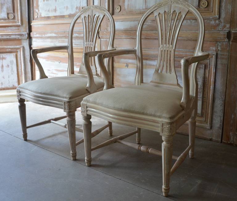 Pair of Painted Swedish Gustavian Style Wheatsheaf Armchairs In Good Condition In Charleston, SC
