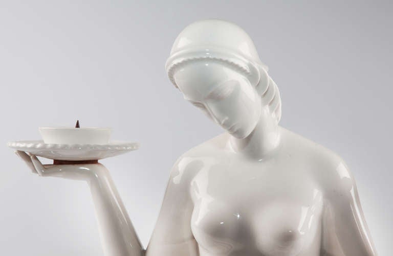 German KPM Woman Sculpture with Two Candlesticks by Gerhard Schliepstein For Sale
