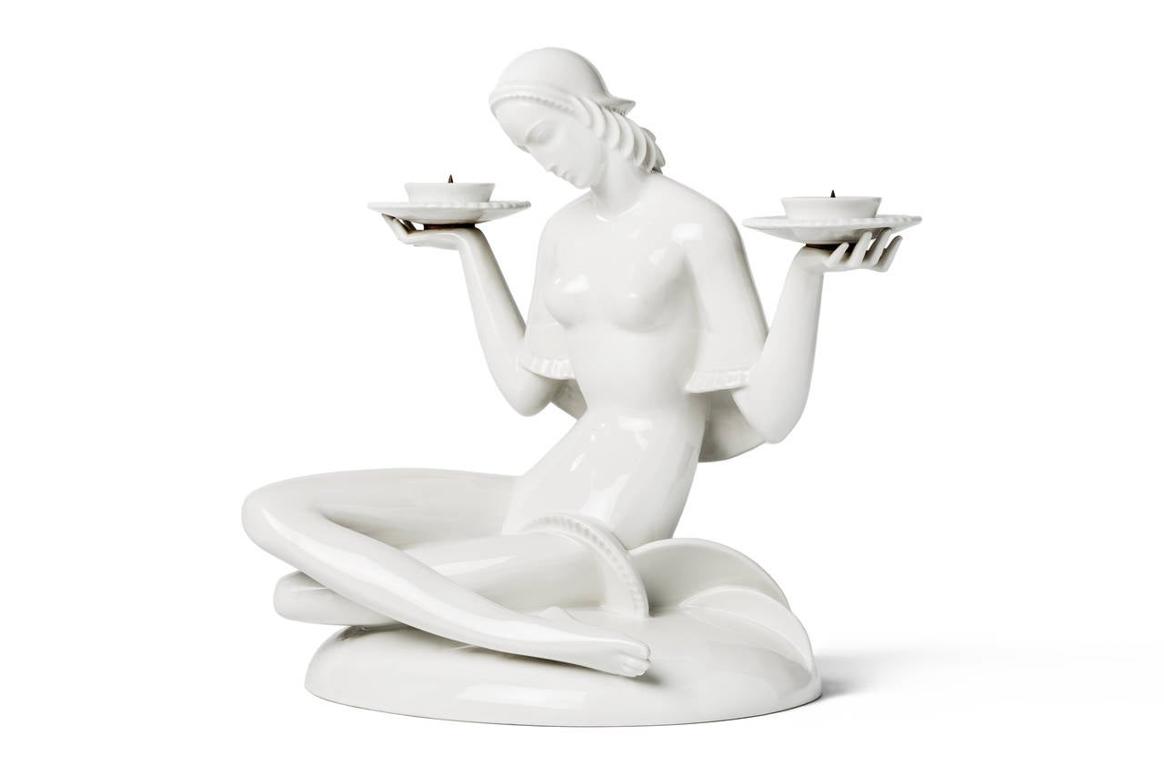 Early 20th Century KPM Woman Sculpture with Two Candlesticks by Gerhard Schliepstein For Sale