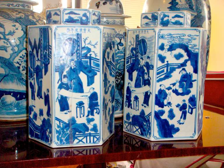 Pair 12 inch Blue and White Hexagonal Tea Caddy