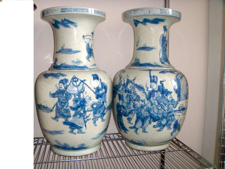 Pair Chinese  22 inch Blue and White Vases or Lamp Bases