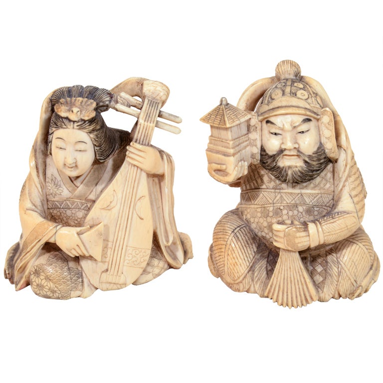 Japanese Ivory Elegantly Hand Carved Figurines For Sale