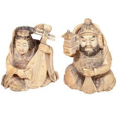 Antique Japanese Ivory Elegantly Hand Carved Figurines