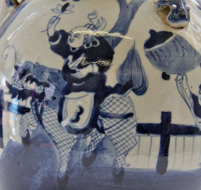 20th Century Antique Chinese Blue and White Hand Painted Porcelain Teapot For Sale