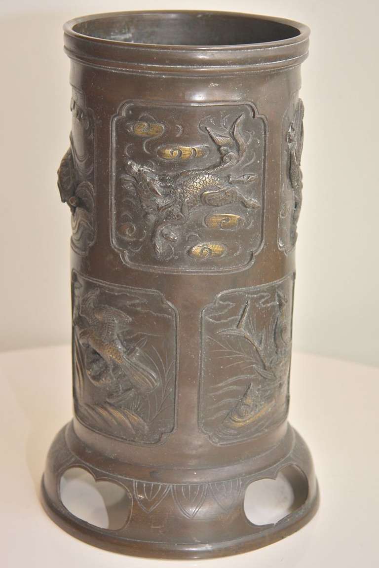 Bas Relief Antique Japanese Bronze Vase or Lamp base