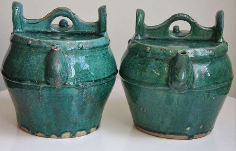 Pair Antique Chinese Green Porcelain Wine Urns 1