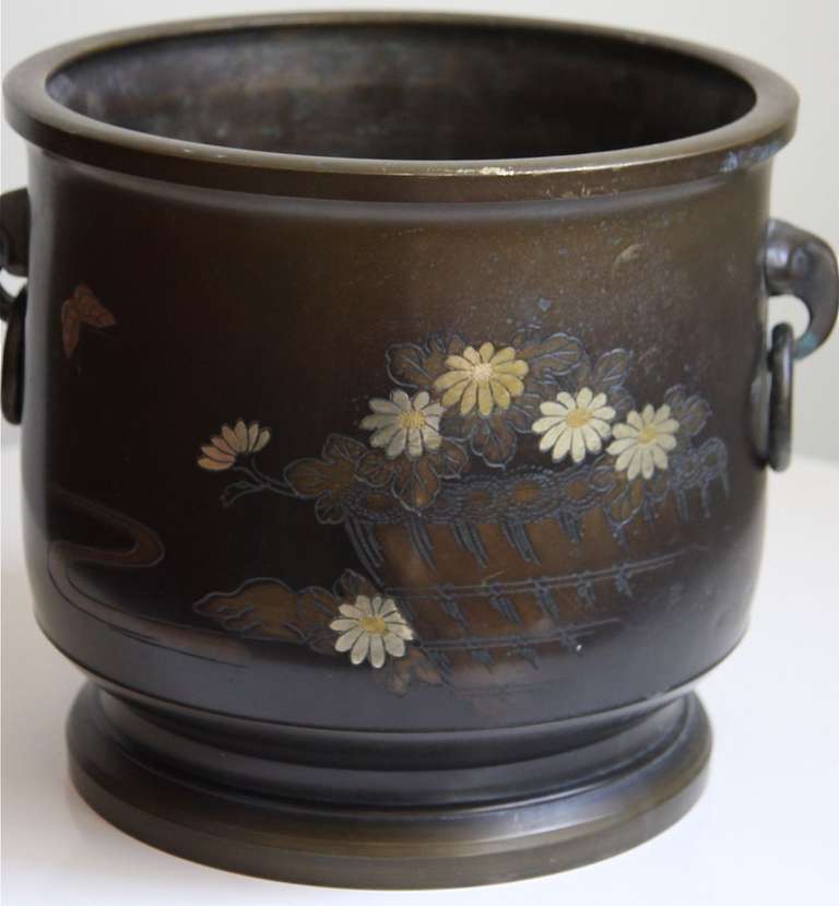 Antique Japanese Bronze Hibachi inlaid with floral decoration