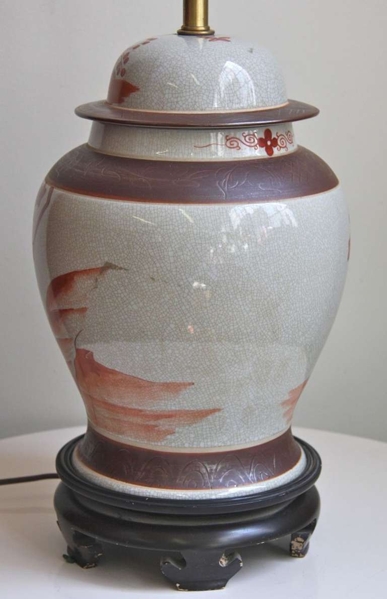 Late 20th Century Hand Painted Chinese Oriental Porcelain Ceramic Crackle Jar Lamp For Sale