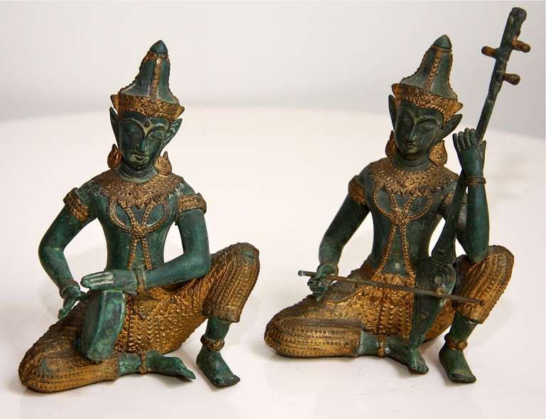 Pair Thai Bronze Sculpture Figures of Musicians with gold leaf. 6 inches tall.