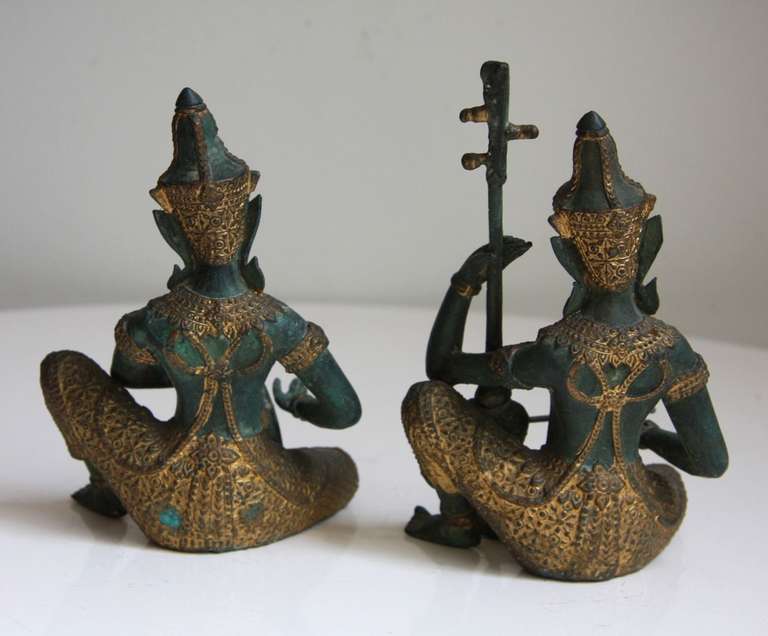 Late 20th Century Pair Thai Bronze Sculpture Figures of Musicans