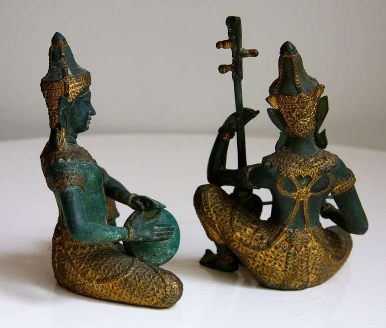 Gold Leaf Pair Thai Bronze Sculpture Figures of Musicans
