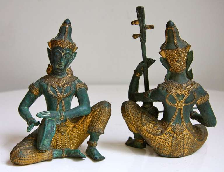 Pair Thai Bronze Sculpture Figures of Musicans 1
